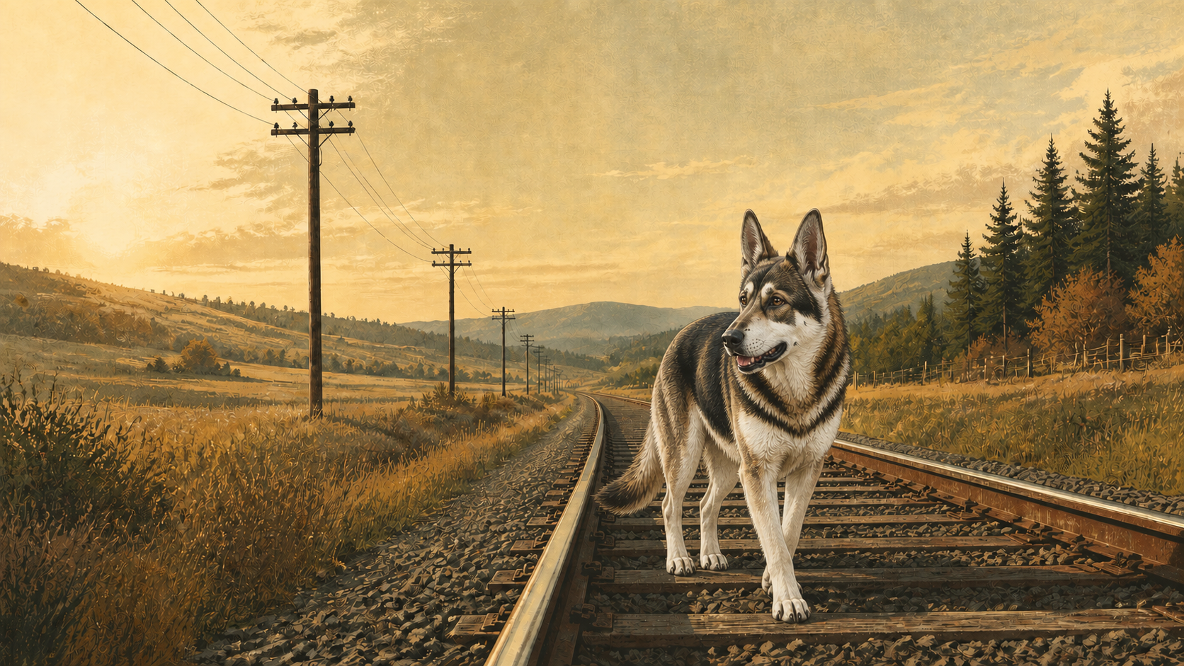 Original illustration of a pale reverse-mask German Shepherd walking beside a railway through open countryside